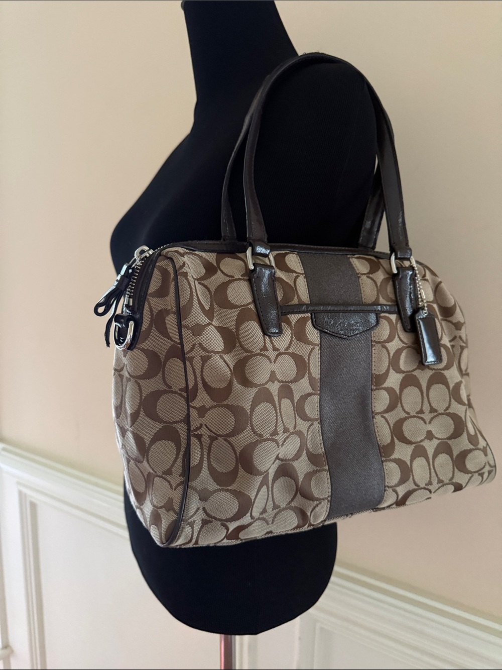 Coach Brown Signature Nancy Stripe Canvas Tote with Dark Brown Trim C1480f28505